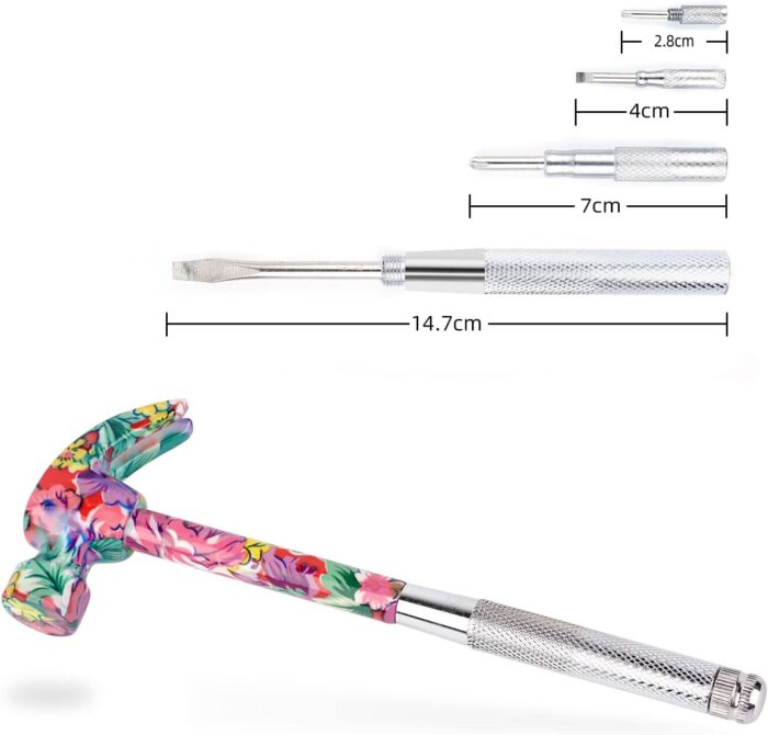 YOUMI 6 in 1 Multifunctional Floral Hammer & Screwdriver Tool Set Claw Hammer with Slotted/Flat Head Phillips Screwdriver Nail Puller Best Christmas Thanksgiving Halloween Gift for Her(Pink) - Image 4