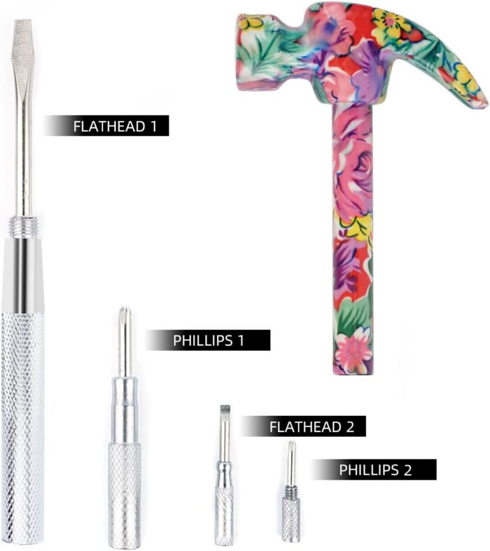 YOUMI 6 in 1 Multifunctional Floral Hammer & Screwdriver Tool Set Claw Hammer with Slotted/Flat Head Phillips Screwdriver Nail Puller Best Christmas Thanksgiving Halloween Gift for Her(Pink) - Image 3