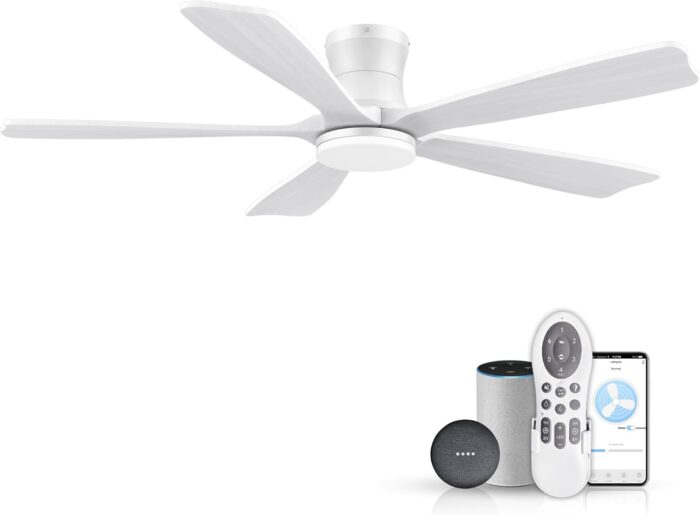 52" Wood Smart Low Profile Ceiling Fans with Lights Remote,Control via WIFI Alexa Google App,Quiet DC Motor,Outdoor Indoor Flush Mount Ceiling Fan for Modern Bedroom Patio Porch,White