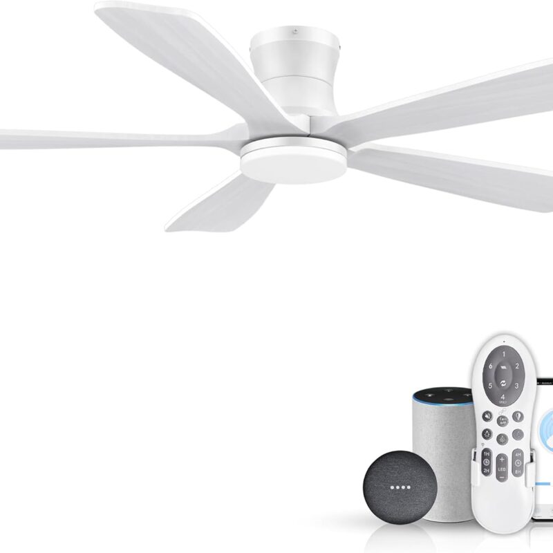 52" Wood Smart Low Profile Ceiling Fans with Lights Remote,Control via WIFI Alexa Google App,Quiet DC Motor,Outdoor Indoor Flush Mount Ceiling Fan for Modern Bedroom Patio Porch,White
