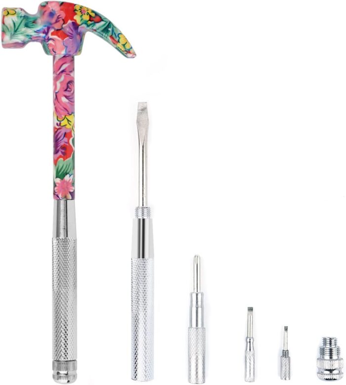YOUMI 6 in 1 Multifunctional Floral Hammer & Screwdriver Tool Set Claw Hammer with Slotted/Flat Head Phillips Screwdriver Nail Puller Best Christmas Thanksgiving Halloween Gift for Her(Pink)