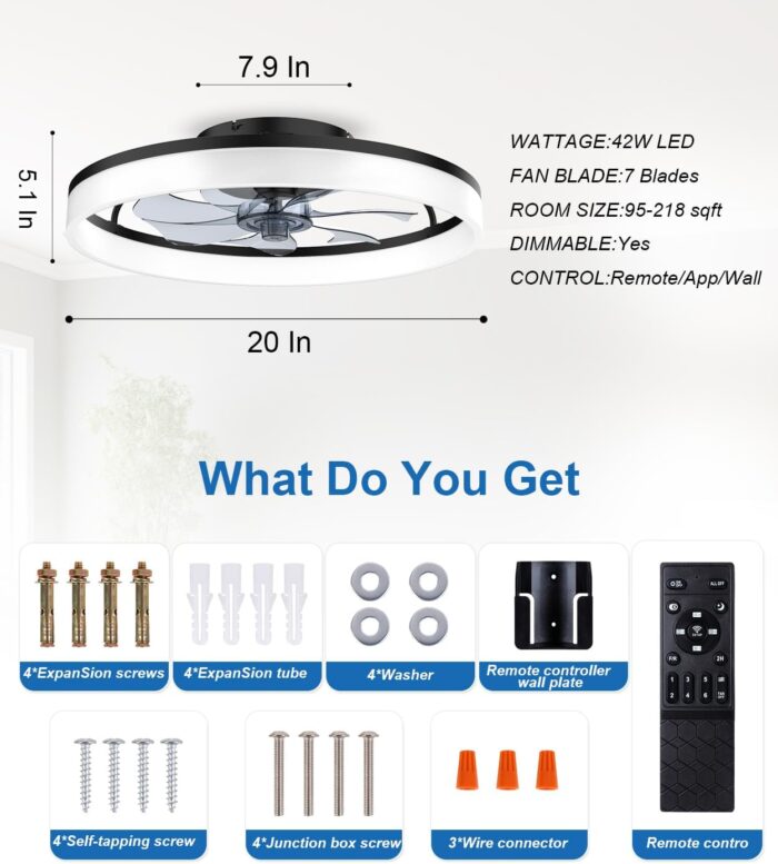 Ceiling Fans with Lights and Remote, 20" Modern Low Profile Ceiling Fan with Light, Stepless Color Temperature Change and 6 Speeds for Bedroom, Kids Room and Living Room (Black) - Image 7