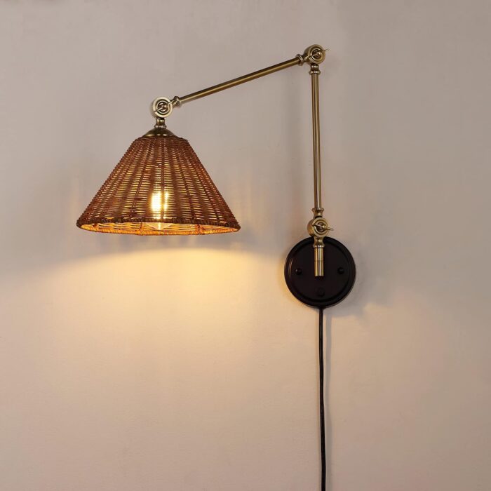 WINGBO Wall Sconce Rattan Wrapped Wall Lamp, Adjustable Swing Arm Wall Light Foldable Gold Light Fixture Vintage Bedside Light Wicker Handmade Shade Reading Light Plug in or Hardwire Gold/Black - Image 2