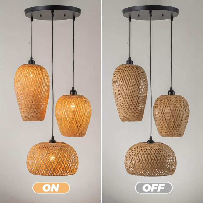 Rattan Pendant Light Bamboo Hanging Light 3-Lights Boho Pendant Light Fixture Woven Basket Wicker Shade Rattan Chandelier for Living Room Dining Room Kitchen - Image 5
