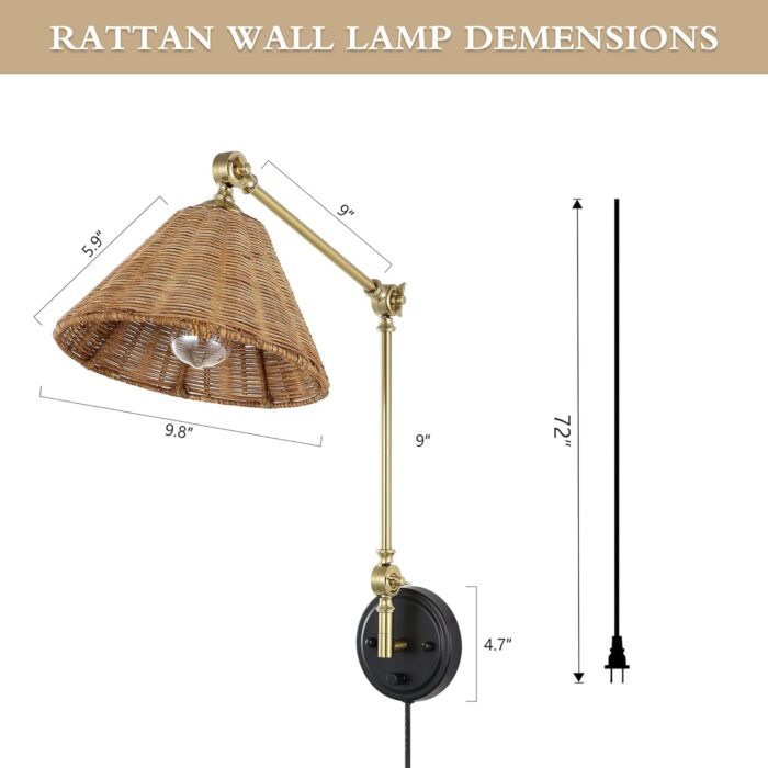 WINGBO Wall Sconce Rattan Wrapped Wall Lamp, Adjustable Swing Arm Wall Light Foldable Gold Light Fixture Vintage Bedside Light Wicker Handmade Shade Reading Light Plug in or Hardwire Gold/Black - Image 4