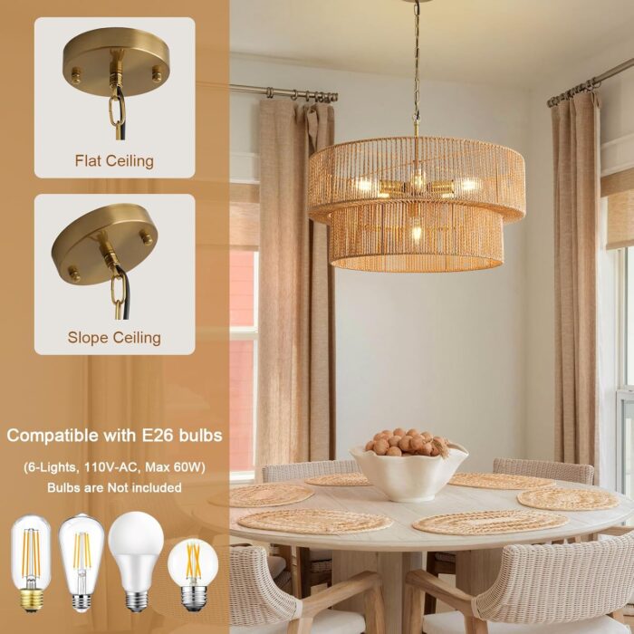 6-Light Boho Rattan Chandelier, 23.6" Rattan Pendant Light Fixture with 2-Tier Hand-Woven Shade, Farmhouse Chandelier Ceiling Light Fixture for Dining Room, Living Room, Bedroom, Kitchen Island, Foyer - Image 3