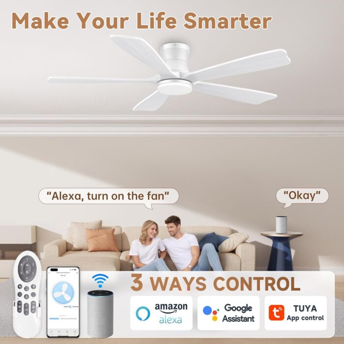 52" Wood Smart Low Profile Ceiling Fans with Lights Remote,Control via WIFI Alexa Google App,Quiet DC Motor,Outdoor Indoor Flush Mount Ceiling Fan for Modern Bedroom Patio Porch,White - Image 2