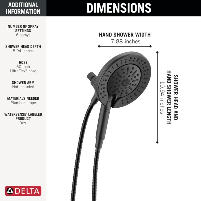Delta Faucet 6-Setting In2ition 2-in-1 Dual Shower Head with ProClean Spray, Matte Black Round Shower Head with Hose, Hand Held Shower Head, Matte Black 75655BL - Image 5