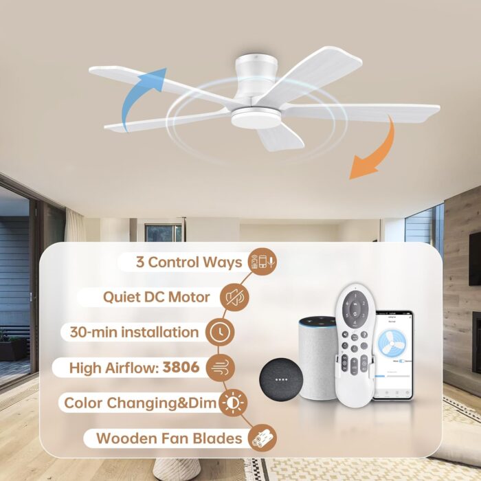 52" Wood Smart Low Profile Ceiling Fans with Lights Remote,Control via WIFI Alexa Google App,Quiet DC Motor,Outdoor Indoor Flush Mount Ceiling Fan for Modern Bedroom Patio Porch,White - Image 4