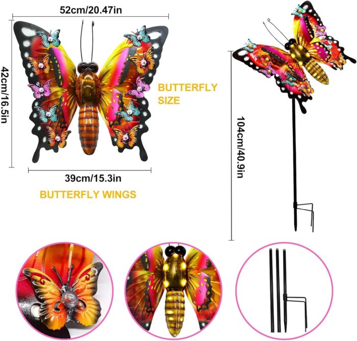 Solar Butterfly Garden Lights - Large 41" Metal Decorative Stake Lights, Waterproof Outdoor Decor for Patio, Yard, Porch & Gardening Gifts - Image 2