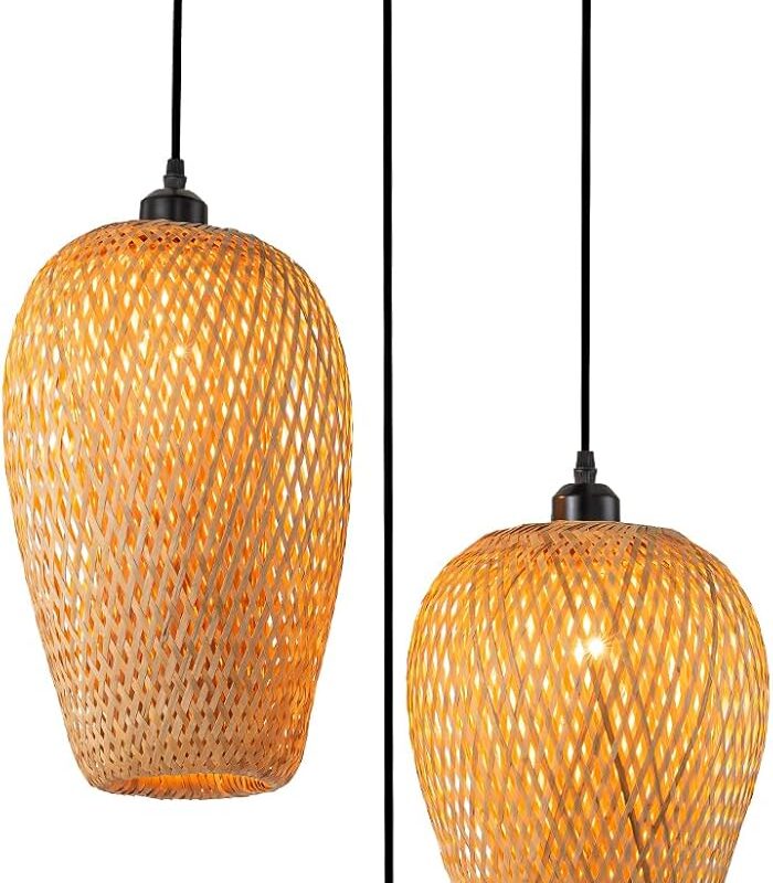 Rattan Pendant Light Bamboo Hanging Light 3-Lights Boho Pendant Light Fixture Woven Basket Wicker Shade Rattan Chandelier for Living Room Dining Room Kitchen