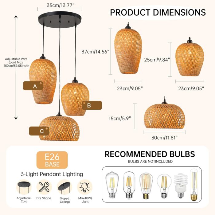 Rattan Pendant Light Bamboo Hanging Light 3-Lights Boho Pendant Light Fixture Woven Basket Wicker Shade Rattan Chandelier for Living Room Dining Room Kitchen - Image 2