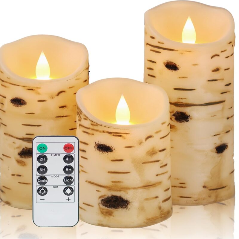 Comenzar Flameless Candles Birch Bark Candle LED Candles Home Decor H: 456" x D: 3.25" Electric Candle Faux Candles with Remote Timer Pack 3
