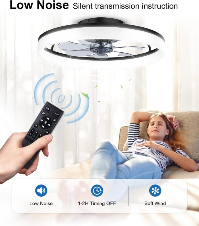 Ceiling Fans with Lights and Remote, 20" Modern Low Profile Ceiling Fan with Light, Stepless Color Temperature Change and 6 Speeds for Bedroom, Kids Room and Living Room (Black) - Image 5