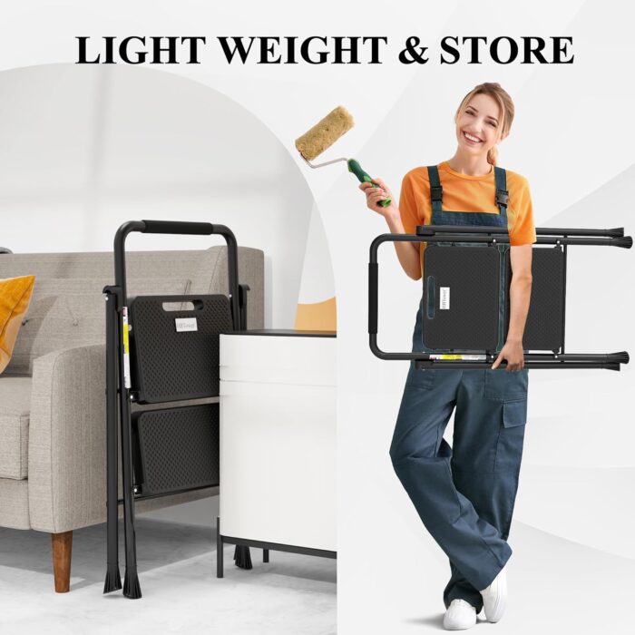 HBTower Step Ladder, Folding Step Stool with Wide Anti-Slip Pedal, Sturdy Steel Ladder, Convenient Handrail, Lightweight, Portable Steel Step Stool - Image 6