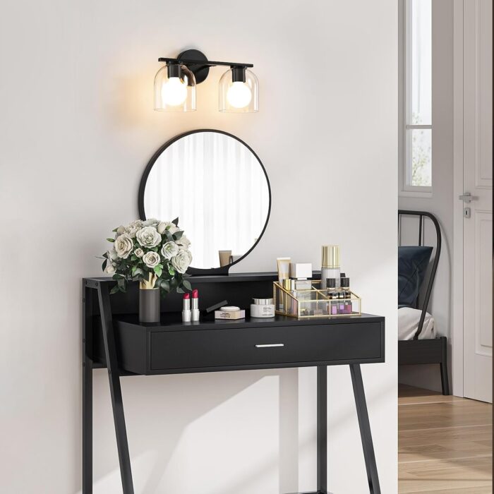 WOSHITU Bathroom Vanity Light Fixtures: 14.2 Inch Modern Black Vanity Lighting Fixtures Over Mirror with Clear Glass Shade, Matte Black 2 Light Fixtures for Bathroom Above Mirror, Wall Mount Sconces - Image 2