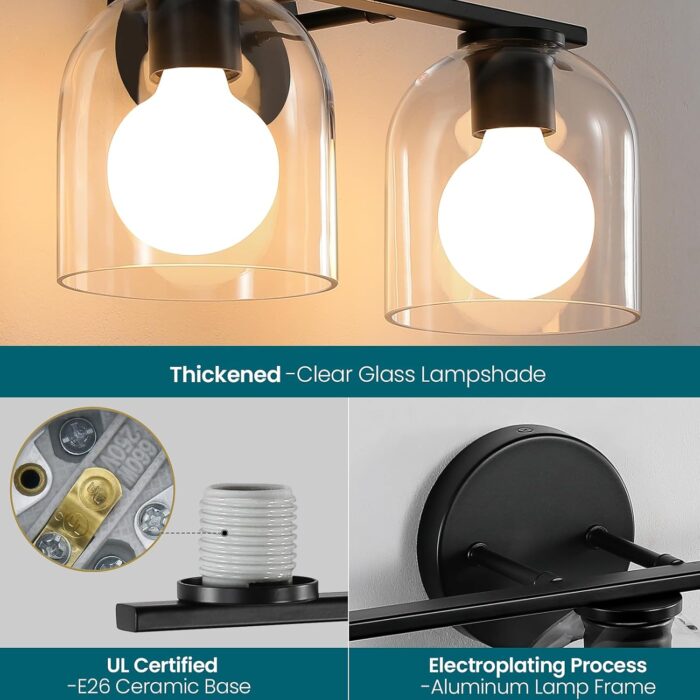 WOSHITU Bathroom Vanity Light Fixtures: 14.2 Inch Modern Black Vanity Lighting Fixtures Over Mirror with Clear Glass Shade, Matte Black 2 Light Fixtures for Bathroom Above Mirror, Wall Mount Sconces - Image 4