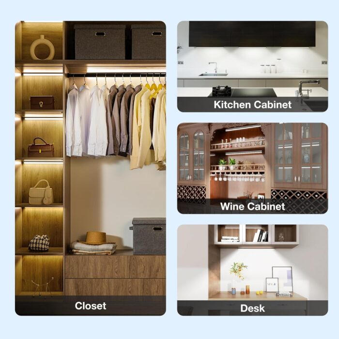 Under Cabinet Lights Remote Control,2 Pack Magnetic Dimmable Closet Lights,USB Rechargeable Wireless LED Shop Light,Ceiling and Under Counter Lights for Kitchen (Black, 60CM) - Image 4