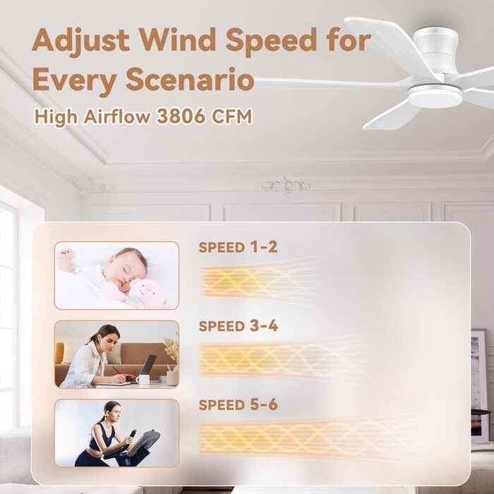 52" Wood Smart Low Profile Ceiling Fans with Lights Remote,Control via WIFI Alexa Google App,Quiet DC Motor,Outdoor Indoor Flush Mount Ceiling Fan for Modern Bedroom Patio Porch,White - Image 3