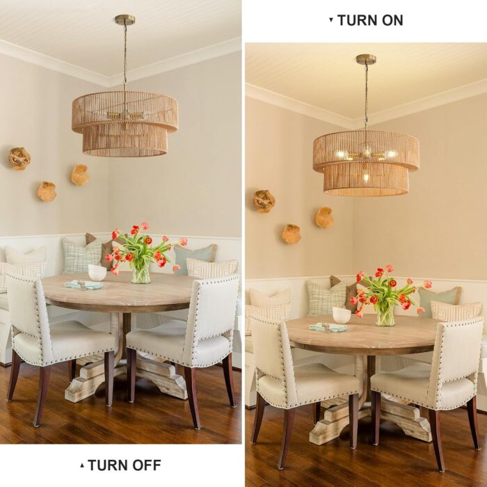 6-Light Boho Rattan Chandelier, 23.6" Rattan Pendant Light Fixture with 2-Tier Hand-Woven Shade, Farmhouse Chandelier Ceiling Light Fixture for Dining Room, Living Room, Bedroom, Kitchen Island, Foyer - Image 8