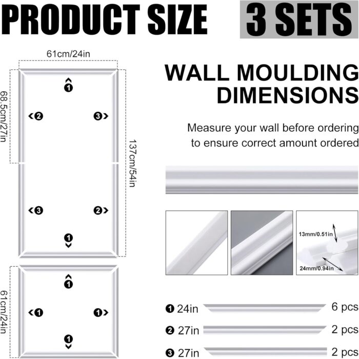 Pangda 3 Set Peel and Stick Wall Molding Kit, Premade Accent Molding Wainscoting Panel for Interior Wall Moulding Decor, Ready to Assemble Wainscoting Accent Panel (54 x 24 in) - Image 2