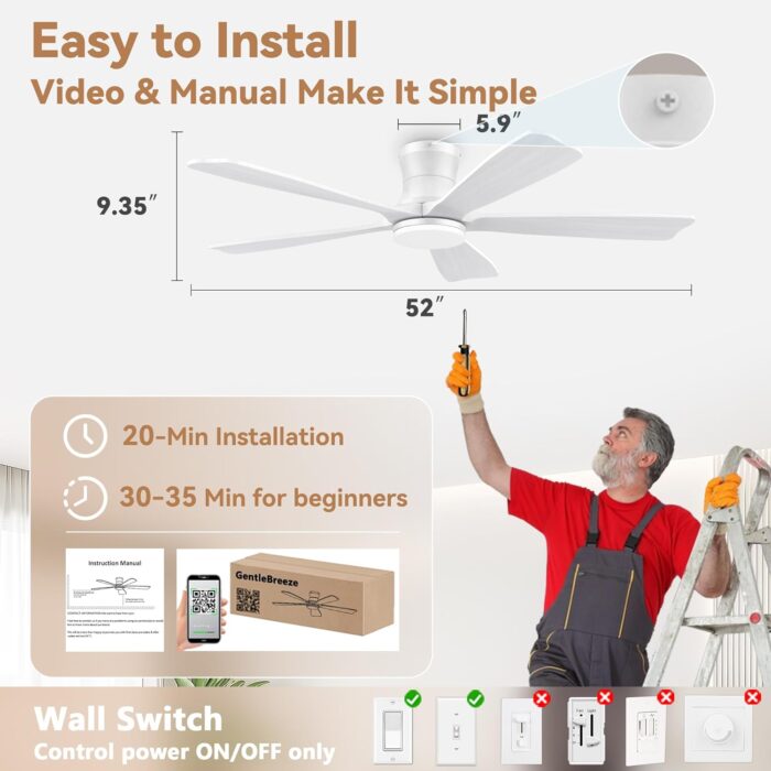 52" Wood Smart Low Profile Ceiling Fans with Lights Remote,Control via WIFI Alexa Google App,Quiet DC Motor,Outdoor Indoor Flush Mount Ceiling Fan for Modern Bedroom Patio Porch,White - Image 6