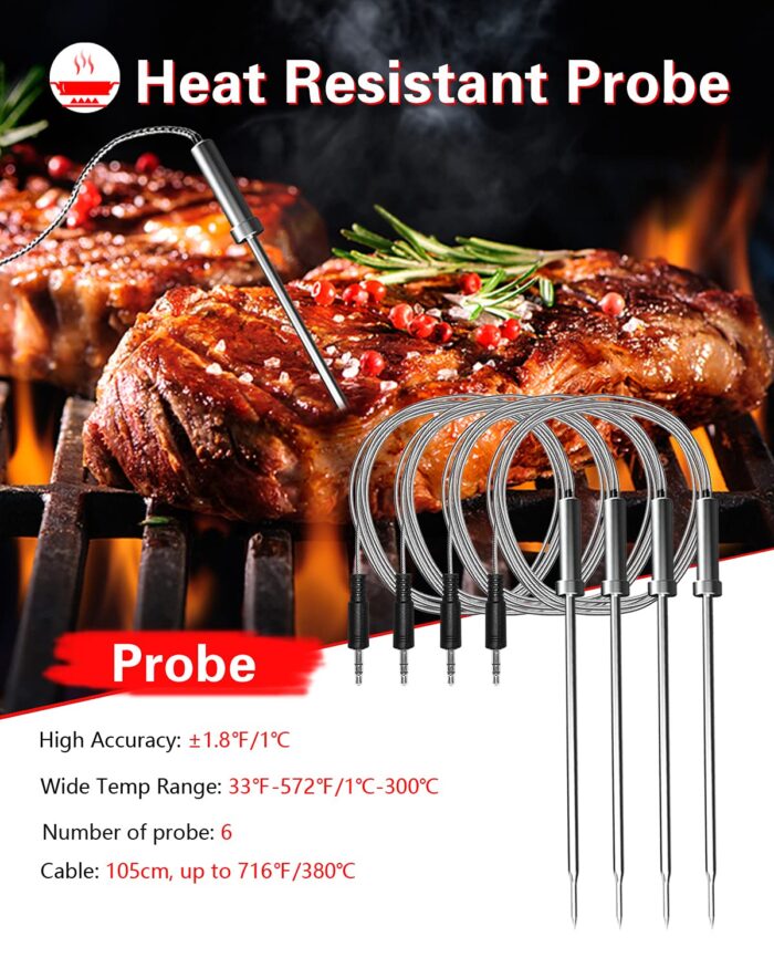BFOUR Bluetooth Meat Thermometer Wireless Meat Thermometer, Wireless Digital Grill Thermometer with 6 Temperature Probes, Large LCD Display, Bluetooth Thermometer for Grill, Smoker, Oven and BBQ - Image 6
