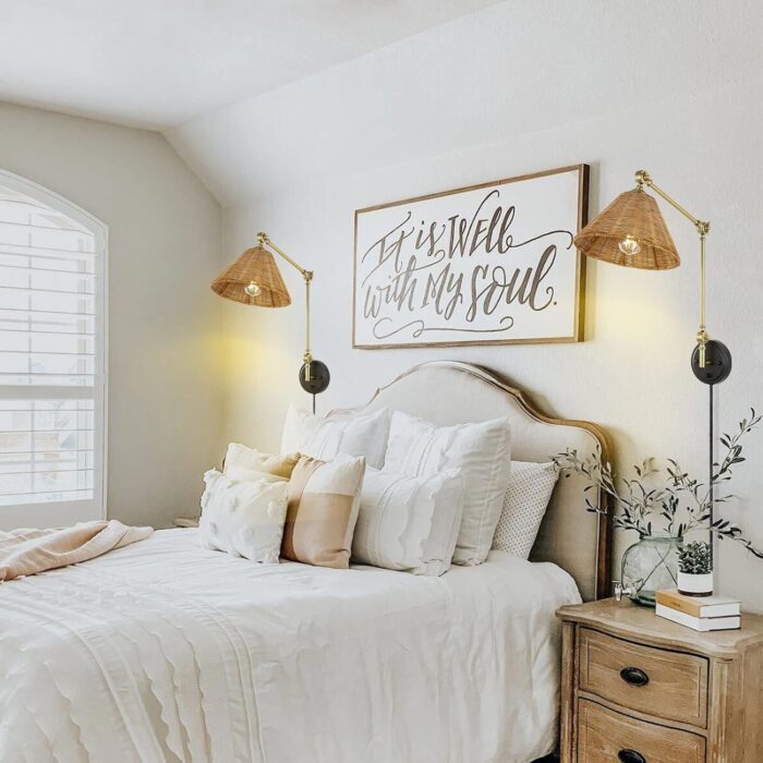 WINGBO Wall Sconce Rattan Wrapped Wall Lamp, Adjustable Swing Arm Wall Light Foldable Gold Light Fixture Vintage Bedside Light Wicker Handmade Shade Reading Light Plug in or Hardwire Gold/Black - Image 7