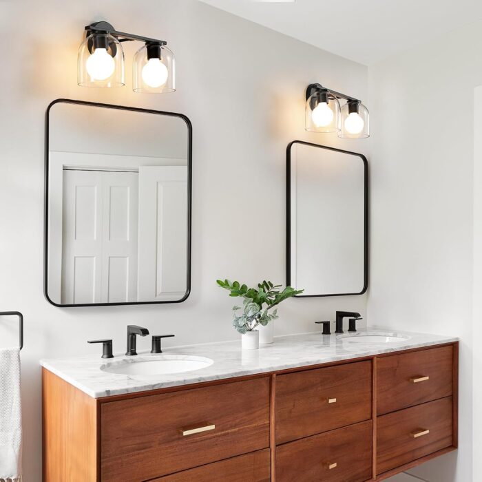 WOSHITU Bathroom Vanity Light Fixtures: 14.2 Inch Modern Black Vanity Lighting Fixtures Over Mirror with Clear Glass Shade, Matte Black 2 Light Fixtures for Bathroom Above Mirror, Wall Mount Sconces - Image 3