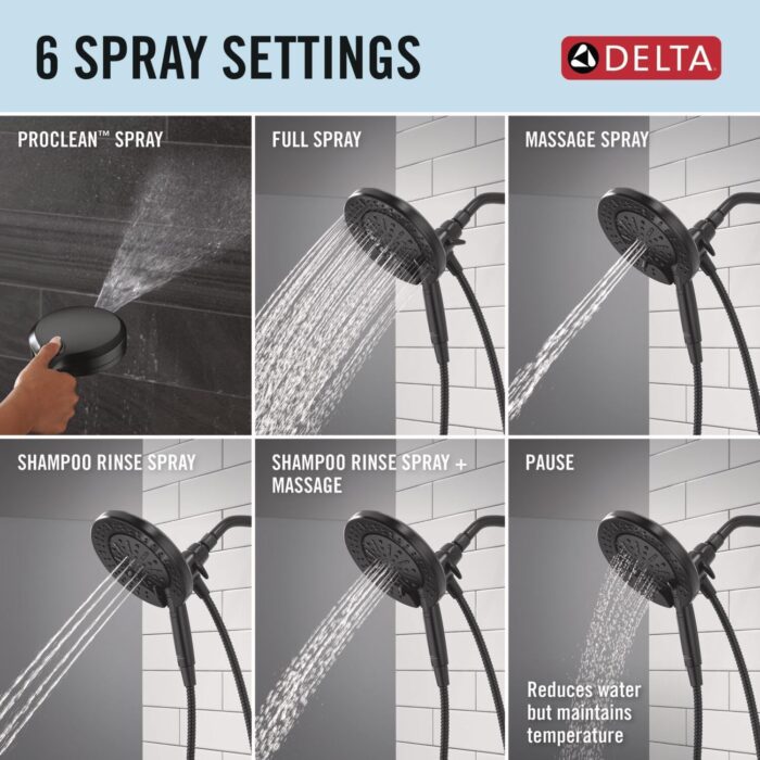 Delta Faucet 6-Setting In2ition 2-in-1 Dual Shower Head with ProClean Spray, Matte Black Round Shower Head with Hose, Hand Held Shower Head, Matte Black 75655BL - Image 4