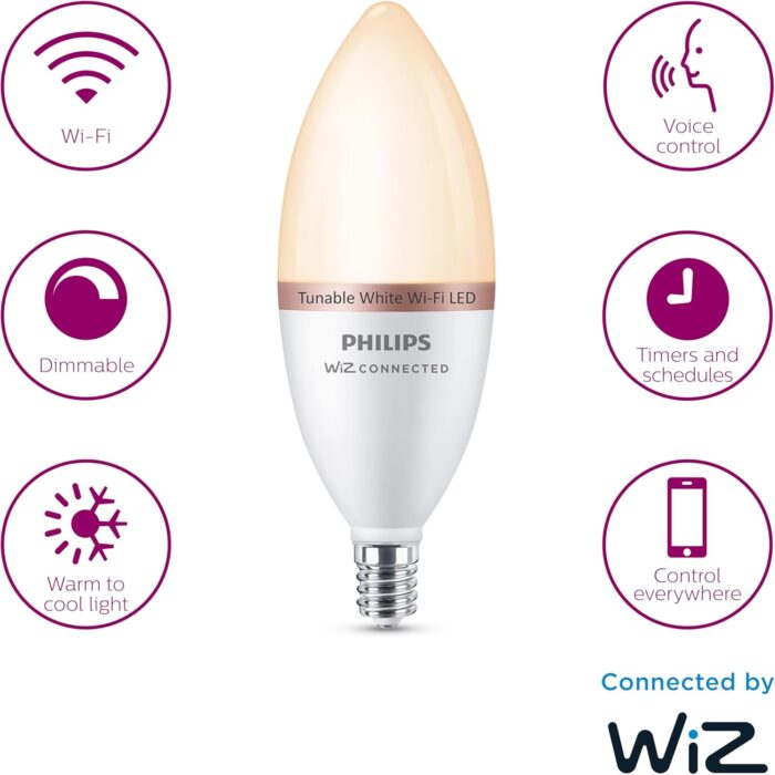 Philips 40-Watt Equivalent B12 LED Smart Wi-Fi Tuneable White Light Bulb Powered by WiZ with Bluetooth (4-Pack) - Image 3