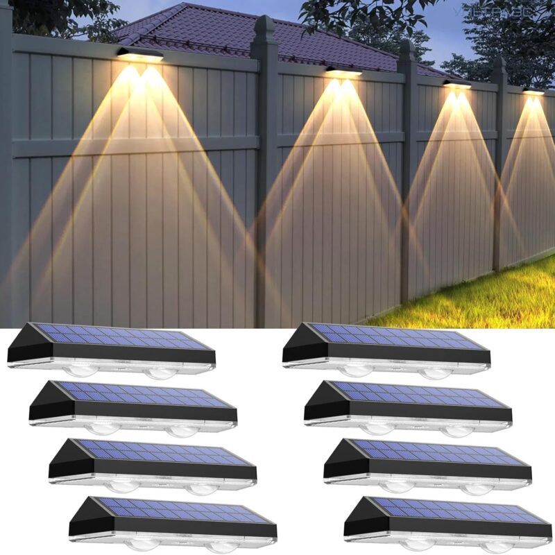 Solar Fence Lights Outdoor - 2700/4000/6000K 3 Mode, IP65 Waterproof Fence Solar Lights Outdoor, Fence Light Solar Powered for Outside, Backyard/Railing/Step/Patio/Stair Railings and Wall (8 pack)
