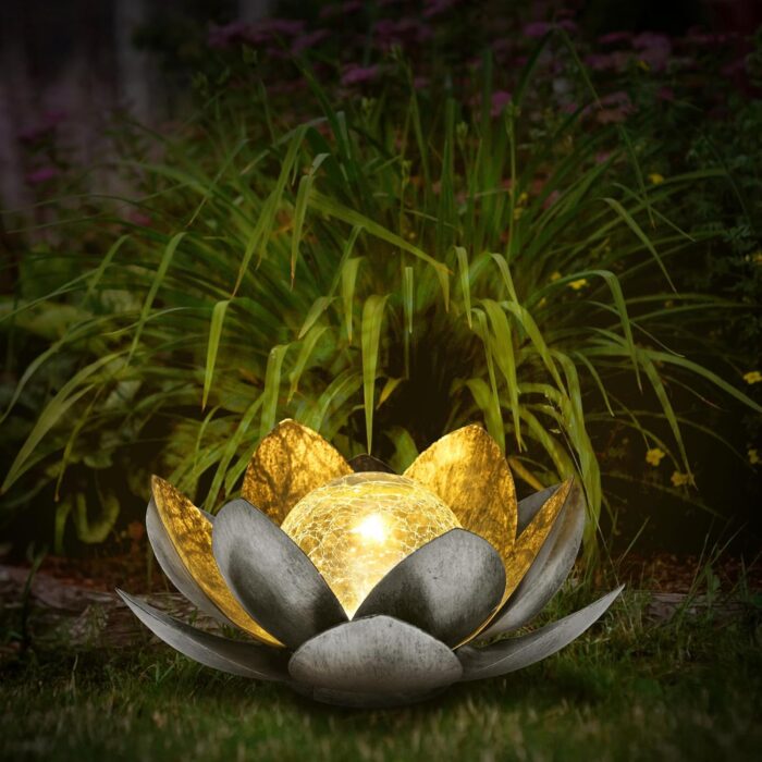 Otdair Solar Lights Outdoor Lotus, Garden Decor Metal Crackle Globe Glass Lotus Lamp, Outdoor Solar Lights for Yard, Patio, Balcony Decor - Image 5
