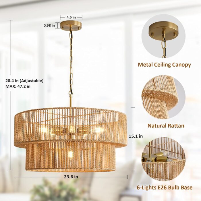 6-Light Boho Rattan Chandelier, 23.6" Rattan Pendant Light Fixture with 2-Tier Hand-Woven Shade, Farmhouse Chandelier Ceiling Light Fixture for Dining Room, Living Room, Bedroom, Kitchen Island, Foyer - Image 2