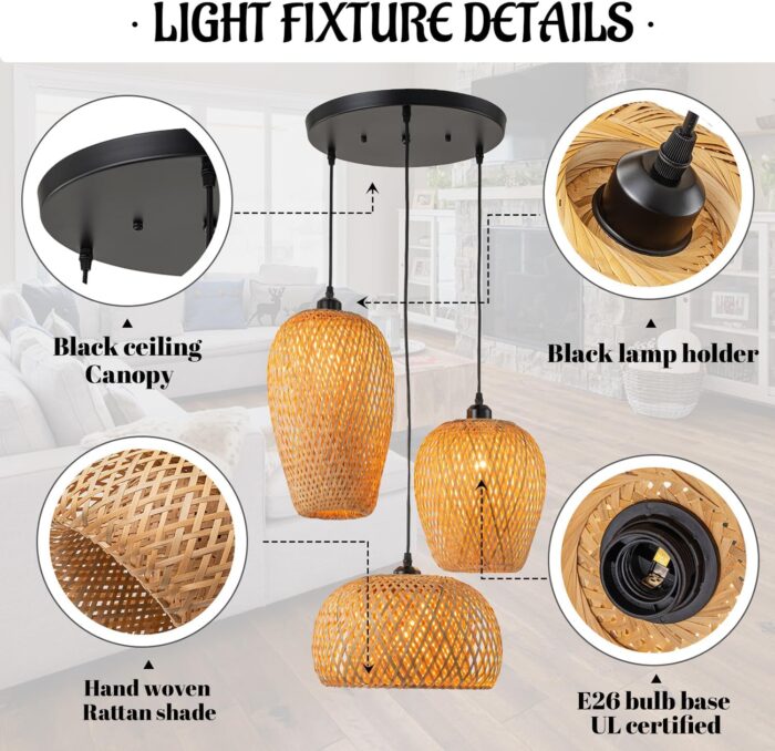 Rattan Pendant Light Bamboo Hanging Light 3-Lights Boho Pendant Light Fixture Woven Basket Wicker Shade Rattan Chandelier for Living Room Dining Room Kitchen - Image 4