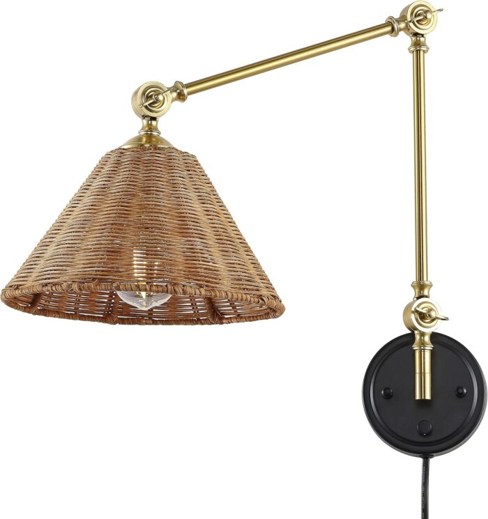 WINGBO Wall Sconce Rattan Wrapped Wall Lamp, Adjustable Swing Arm Wall Light Foldable Gold Light Fixture Vintage Bedside Light Wicker Handmade Shade Reading Light Plug in or Hardwire Gold/Black - Image 6