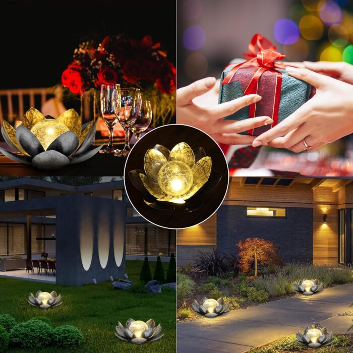 Otdair Solar Lights Outdoor Lotus, Garden Decor Metal Crackle Globe Glass Lotus Lamp, Outdoor Solar Lights for Yard, Patio, Balcony Decor - Image 6