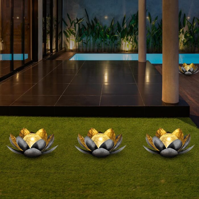 Otdair Solar Lights Outdoor Lotus, Garden Decor Metal Crackle Globe Glass Lotus Lamp, Outdoor Solar Lights for Yard, Patio, Balcony Decor - Image 7