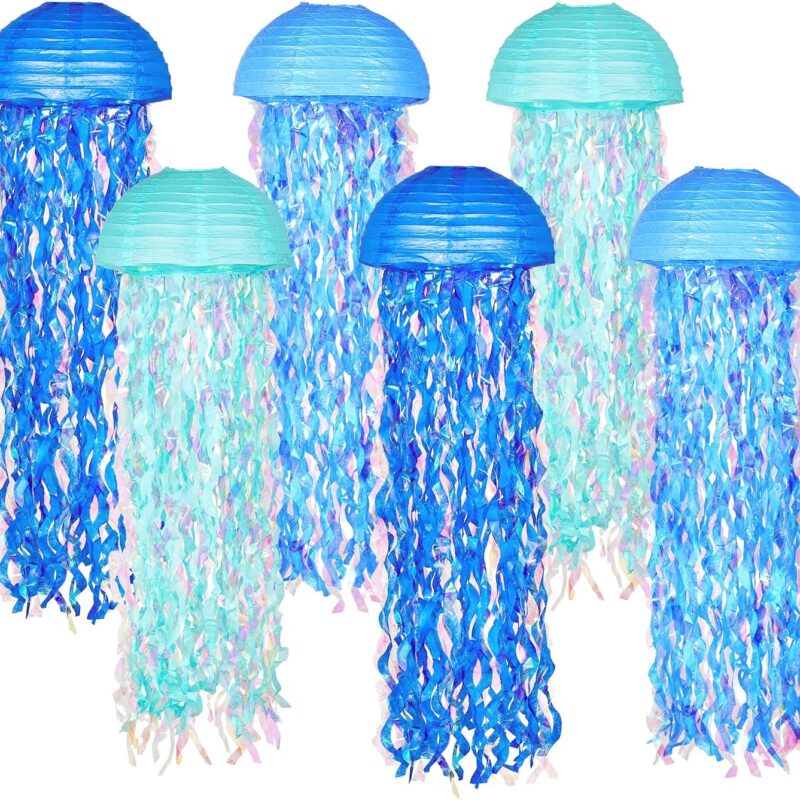 10" Blue Hanging Jellyfish Paper Lanterns - Under The Sea Party & Mermaid Birthday Decorations, Baby Shower, Nautical Events, Ocean Theme Classroom & Beach Room Decor (Set of 6)