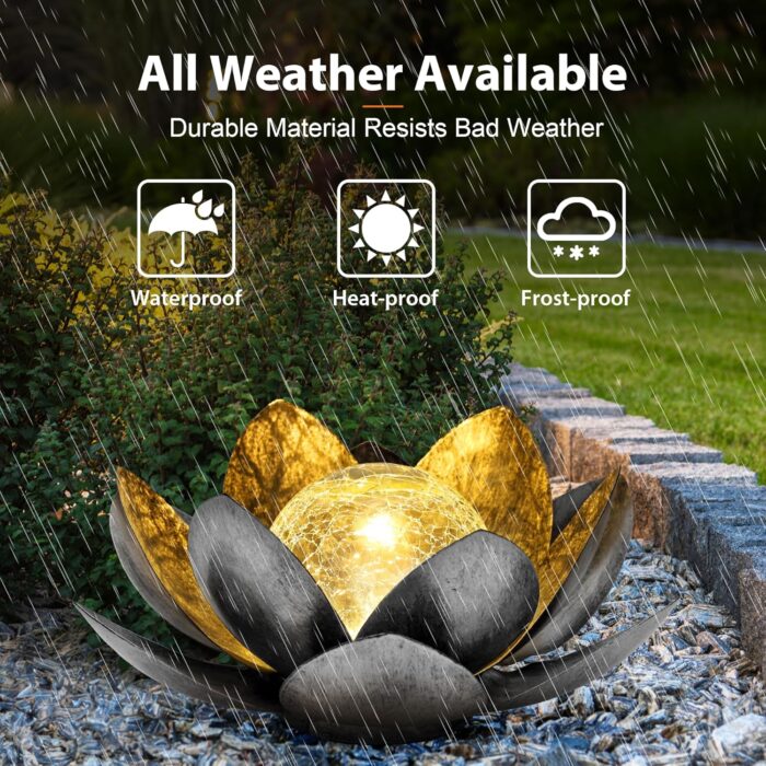 Otdair Solar Lights Outdoor Lotus, Garden Decor Metal Crackle Globe Glass Lotus Lamp, Outdoor Solar Lights for Yard, Patio, Balcony Decor - Image 3
