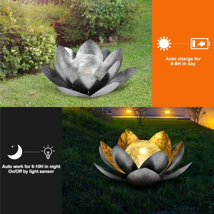 Otdair Solar Lights Outdoor Lotus, Garden Decor Metal Crackle Globe Glass Lotus Lamp, Outdoor Solar Lights for Yard, Patio, Balcony Decor - Image 2