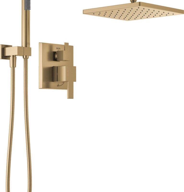Delta Faucet Modern Raincan 2-Setting Square Shower System Including Rain Shower Head and Handheld Spray Gold, Rainfall Shower System Gold, Shower Valve and Trim Kit, Champagne Bronze 342701-CZ