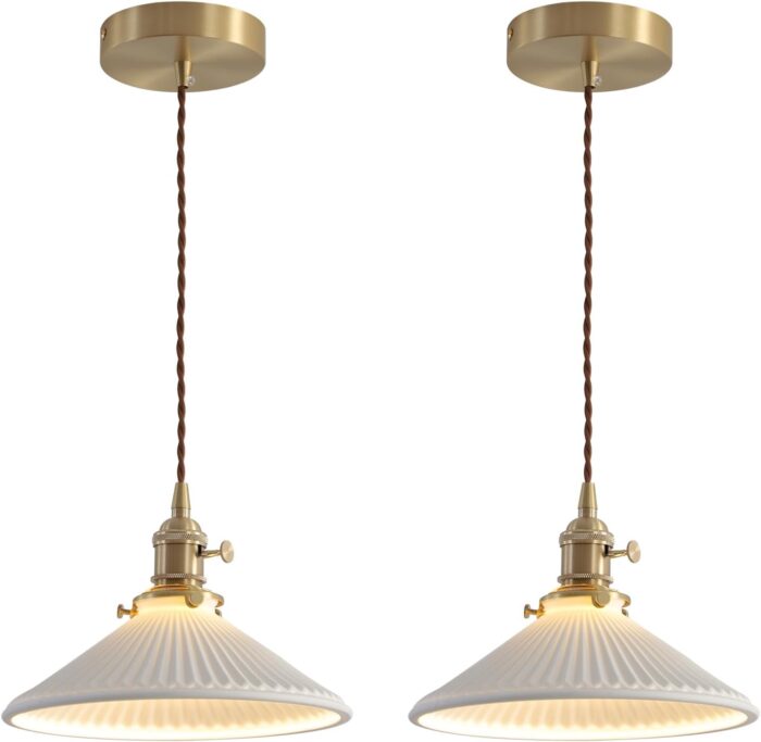 Modern Brushed Brass Pendant Lights Kitchen Island 2 Pack Mid Cenrury Milk Glass Hanging Light Fixture Vintage White and Gold Ceramic Pendant Light for Dining Room Bedroom Entryway MPL16D-2