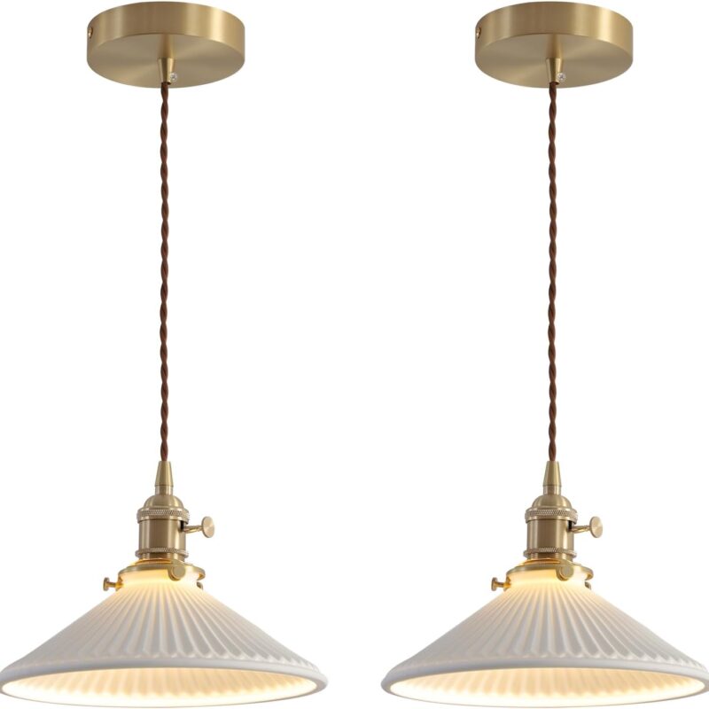 Modern Brushed Brass Pendant Lights Kitchen Island 2 Pack Mid Cenrury Milk Glass Hanging Light Fixture Vintage White and Gold Ceramic Pendant Light for Dining Room Bedroom Entryway MPL16D-2