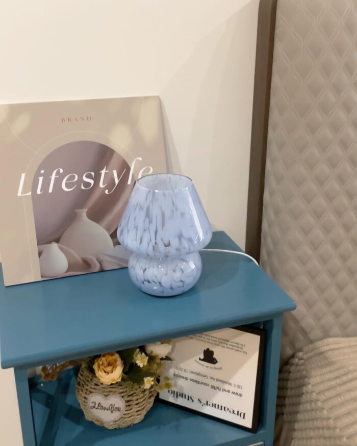 ONEWISH Mushroom Lamp Small Bedside Table Lamp-Nightstand Nightlight Dimmable Stepless, Translucent Glass Desk Lamp for Bedroom Dorm Living Kitchen, Murano Style Aesthetic Cute Home Decor(Blue) - Image 8