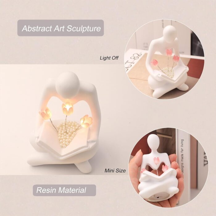 Reading Sculptures Tulip Lamp,Thinker Statue Figurine Battery Powered Night Light,Modern Abstract Home Decoration, Living Room Bookshelf Office Shelves Desk Decor,Aesthetic Gift - Image 4