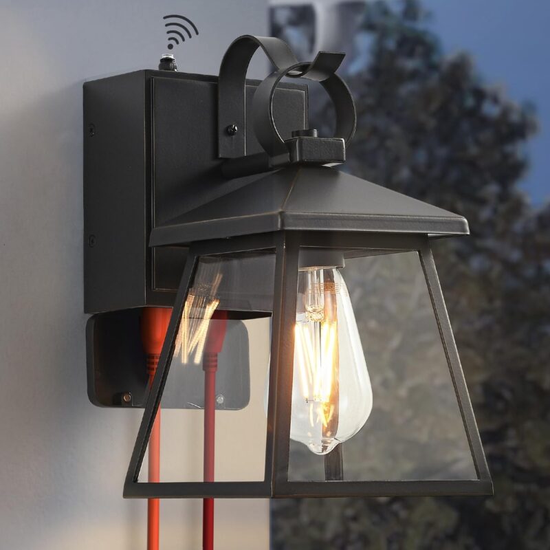 Dusk to Dawn Outdoor Lighting with GFCI Outlet, Waterproof Outside Porch Lights Wall Mount Modern Exterior Lighting Fixturesfor House Porch Patio Garage,Bronze,11.4''H,1PC