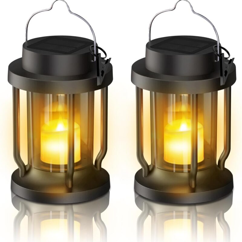Solar Lantern Outdoor Indoor Use – Hanging Solar Lights with Realistic Flickering Flameless Candle, Weatherproof for Garden Decor, Fathers Day Gifts (Black, 2 Pack)