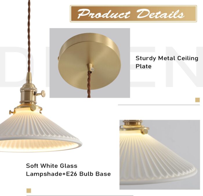 Modern Brushed Brass Pendant Lights Kitchen Island 2 Pack Mid Cenrury Milk Glass Hanging Light Fixture Vintage White and Gold Ceramic Pendant Light for Dining Room Bedroom Entryway MPL16D-2 - Image 3