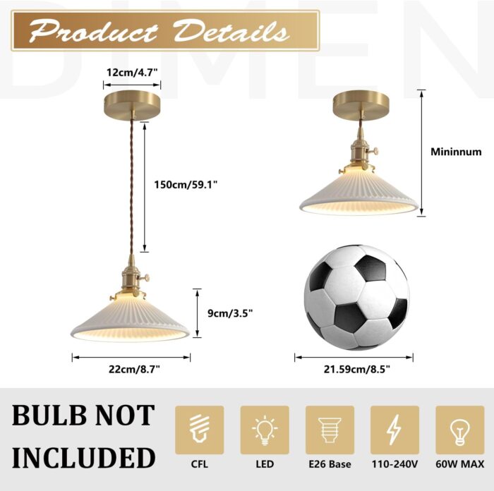 Modern Brushed Brass Pendant Lights Kitchen Island 2 Pack Mid Cenrury Milk Glass Hanging Light Fixture Vintage White and Gold Ceramic Pendant Light for Dining Room Bedroom Entryway MPL16D-2 - Image 2